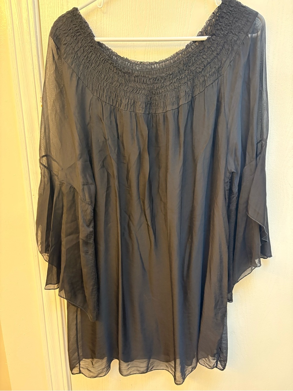 Women's Black Sheer Peasant Blouse - Smocked Neck